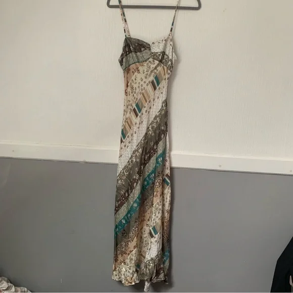 NWT Free People Dress Fiona Patchwork Maxi in Green Beige Print - Picture 5 of 11